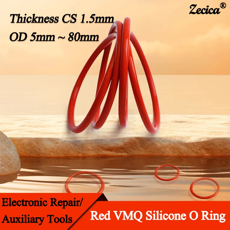 

Red VMQ O-Ring Thickness CS 1.5mm OD 5mm ~ 80mm Food Grade Silicone Sealing Ring 10/50pcs Waterproof & Insulated Gasket Washer