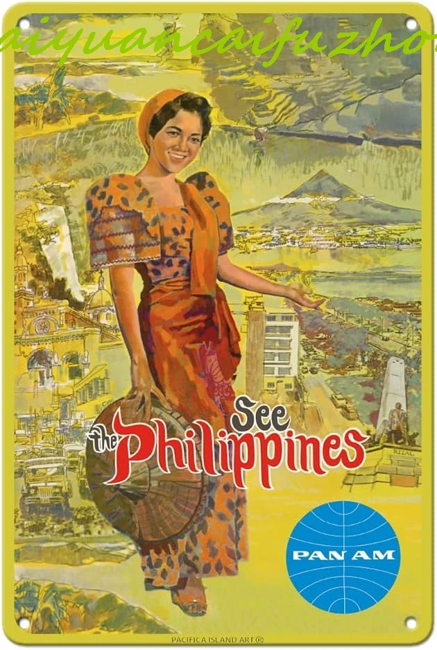 See the Philippines - Pan American World Airways - Vintage Airline Travel Poster c.1961-8 x 12 inch Vintage Metal Tin Sign