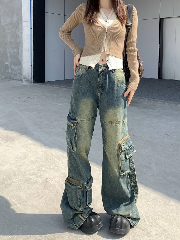 

Slergiri American Retro Multi-pocket Cargo Pants Women 2024 New Y2k High Street Loose High-waisted Straight Wide-leg Trousers