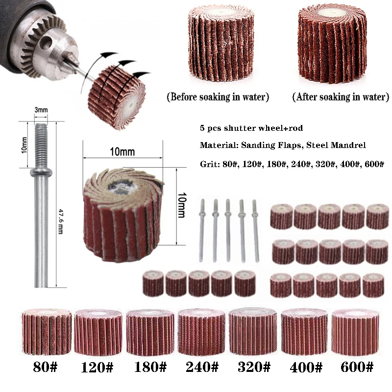 Disco de aleta de lijado de 5 piezas, rueda de aleta de molienda, cepillo de arena para Dremels, accesorios para amoladora abrasiva, herramientas