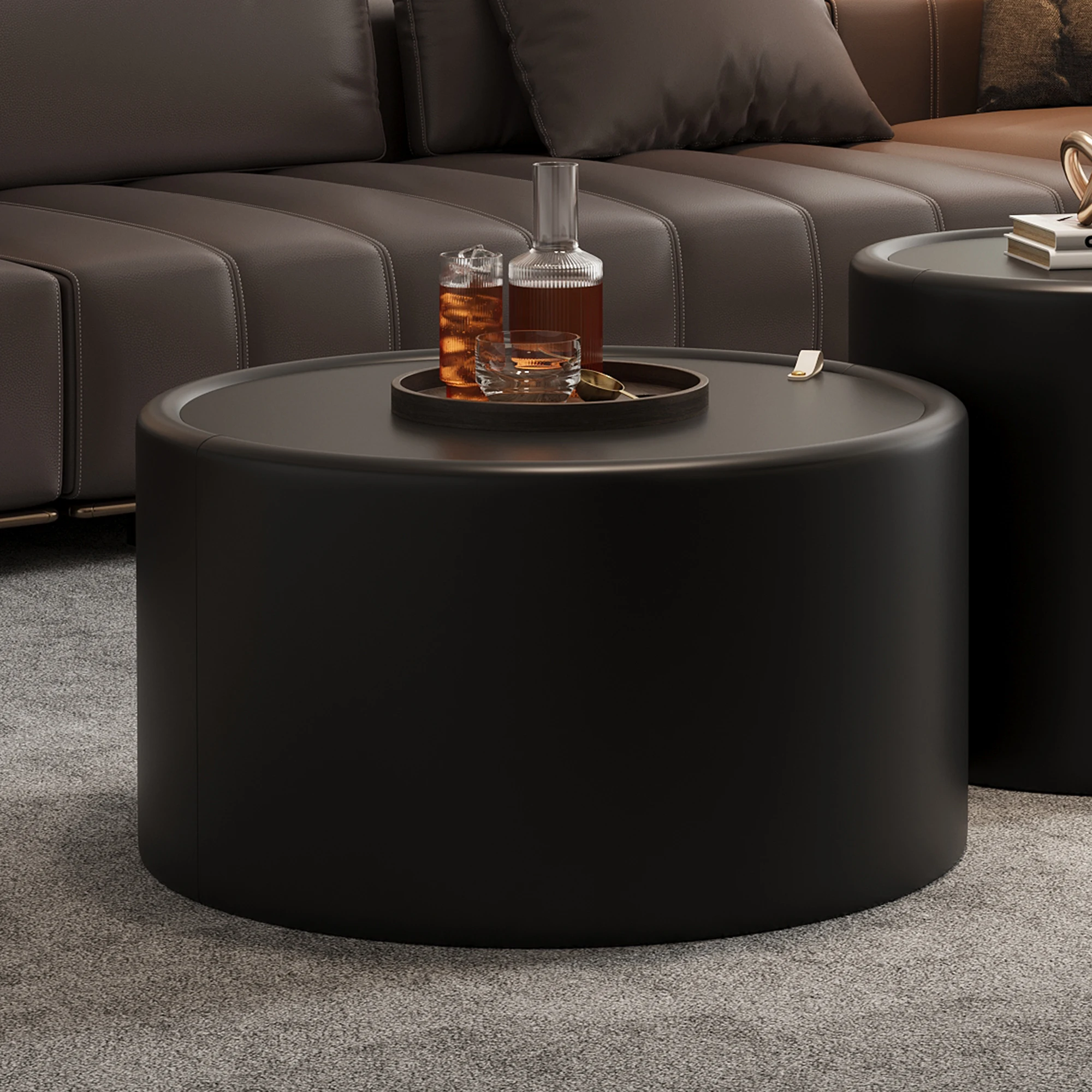 Black Round Coffee Table with Tempered Glass Top PU Leather Metal Body Hidden Storage Eco-Friendly Modern Living Room Furniture