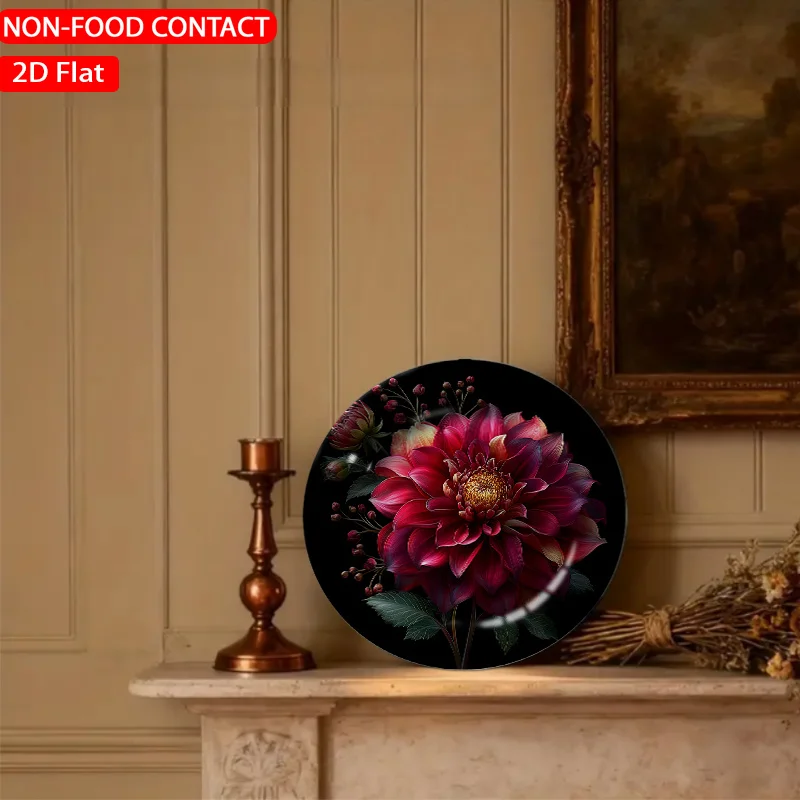 1pc Digital Artistic Dahlia Red Ceramic Plate Non-Food Contact, Home Desk Ornaments, Living Room And Bedroom Decorations,