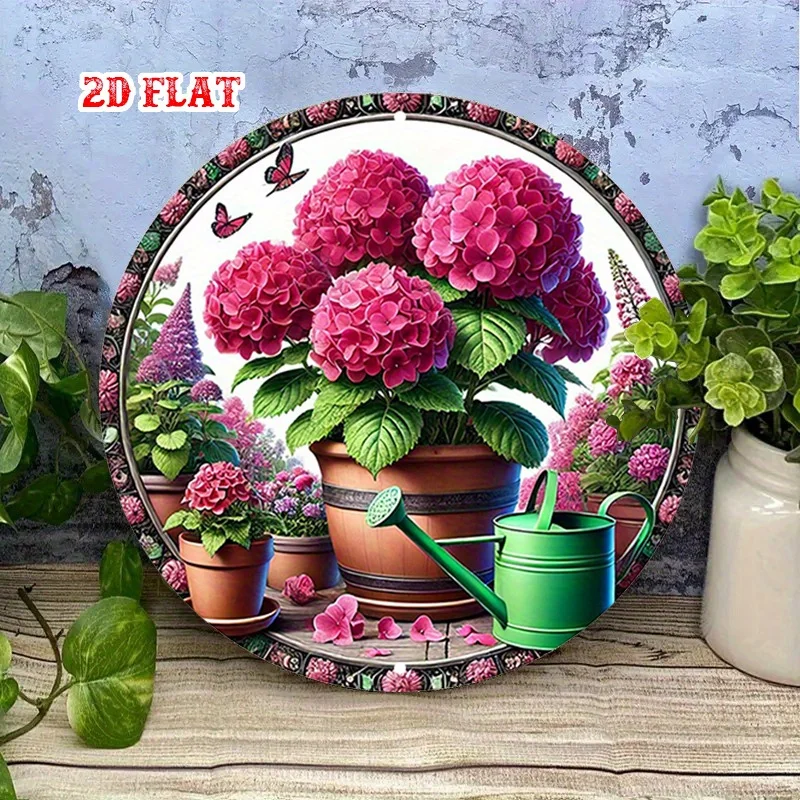2D Plano, 1 Pieza Hermoso Jardín Redondo de Aluminio 7.87X7.87, Letrero Redondo con Flores Rosas, Armonía Natural en Metal - Art