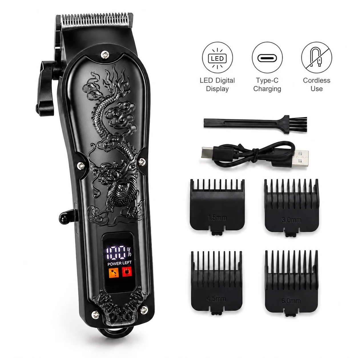 Professional Hair Clipper, Led Digital Display Hair Trimmer with Dragon Pattern Design, Percentage Display of Battery Level, Charging Status Indicator, Low Oil Alert, 1200Mah Battery, Type-C Charging, Wireless and Cord