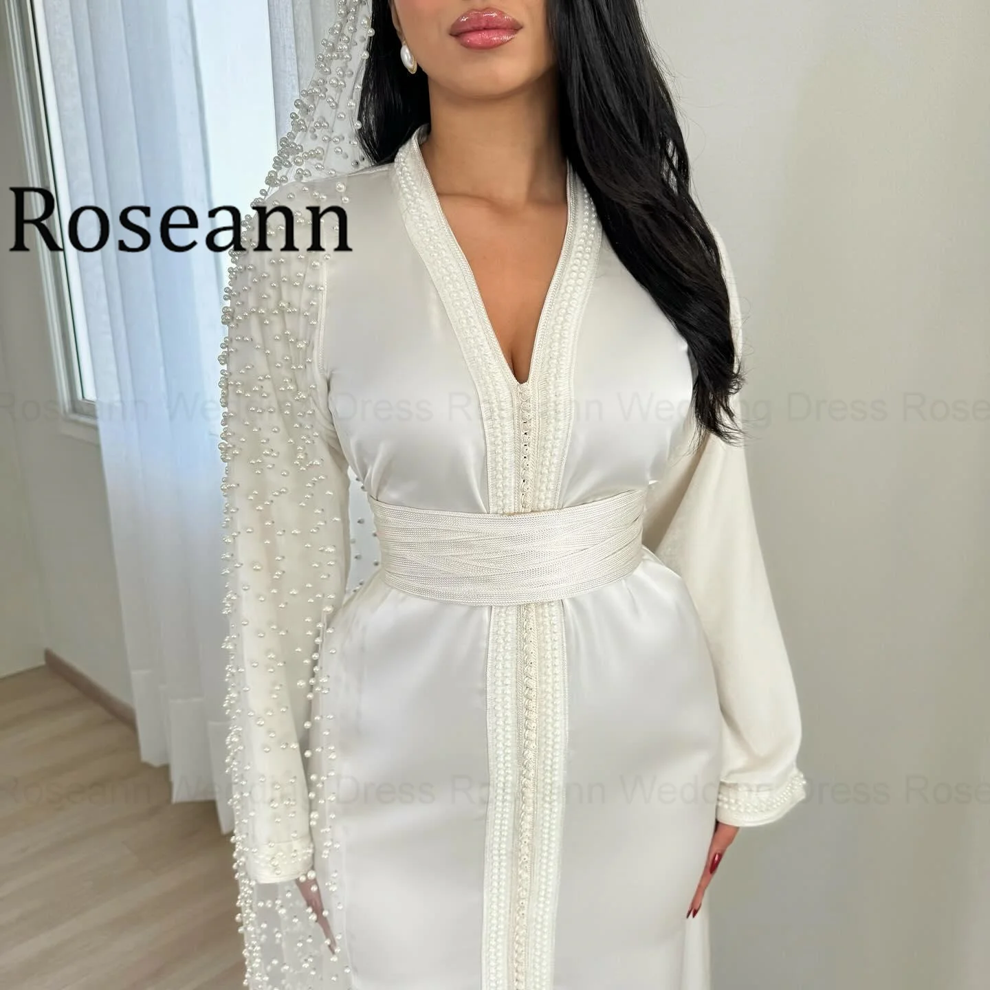Roseann bohemian Wedding Dress 2026 Beautiful V-neck Caftan Women's Wedding Gowns Engagement With Belt wedding dress boho 2026