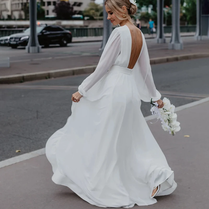 custom 13815# Simple Chiffon A-Line Wedding Dress 2022 Elegant High Neck Long Puff Sleeve  Backless Train Robe De Mariée