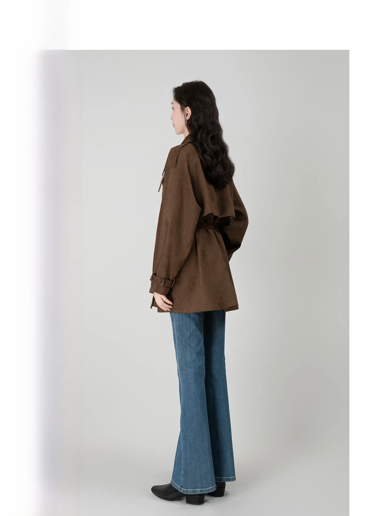 

Wavy Egg Design Suede Windbreaker Women's Loose Slimming Coat Vintage Sle Belted ort Outerwear for Autumn Winter