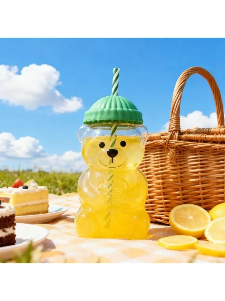 

new 20 ounce cute bear shaped coffee cup, bear glass cup, cartoon glass cup with straw, transparent cup, birthday party gift