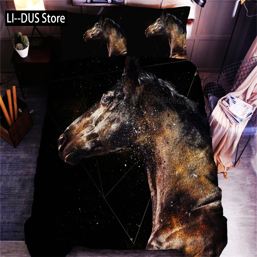 

3D Horse Printing Duvet Cover Animal Bedding Set Twin Full Double Queen King Size For Kids Men Black Soft Quilt Cover Pillowcase