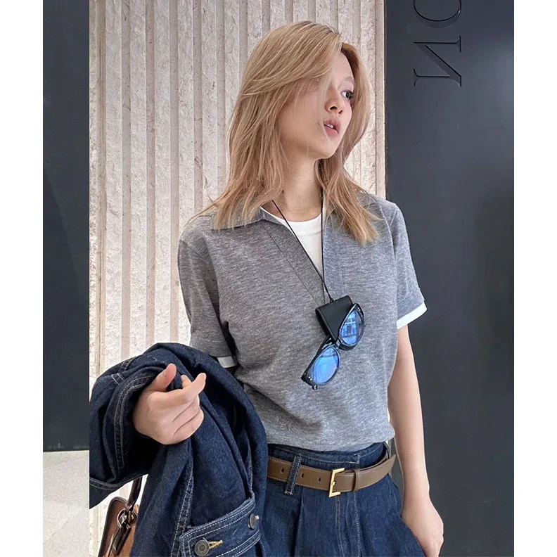 

Женский трикотажный свитер с воротником, имитация двухслойности, повседневный, стандартной длины, весна-лето