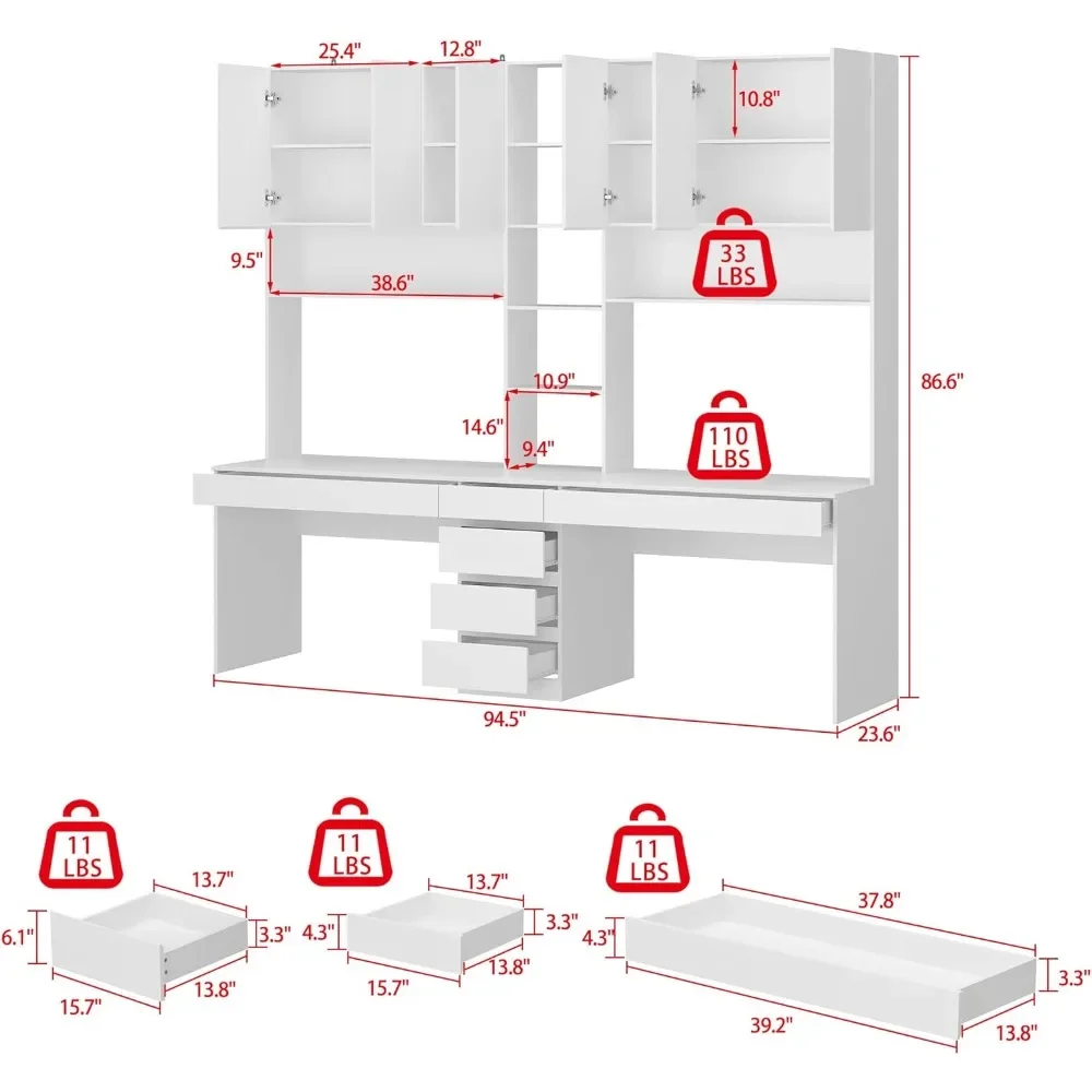 Large 2-in-1 Computer Desk, Capable of Accommodating 2 People, Bookshelf Writing and Learning Desk Ffice Furniture