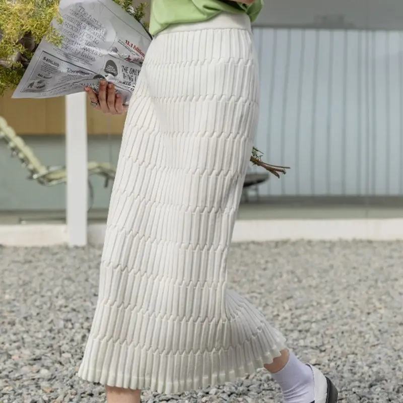 Autumn Winter Women's Solid Color Sweater Knitted Elastic High Waisted Elegant Screw Thread Bag Hip Straight Ankle Skirts