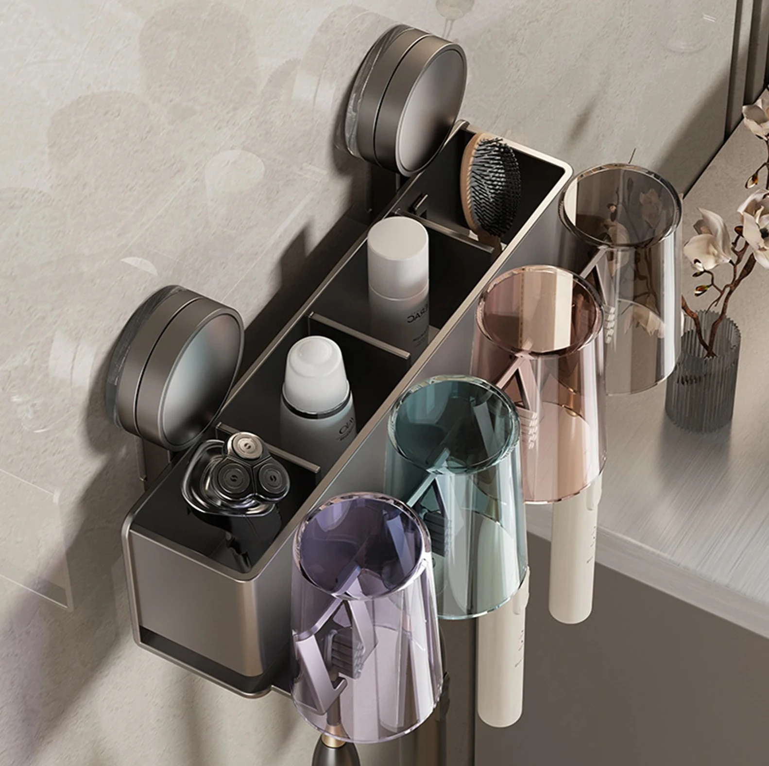 

Bathroom Shelf Mouthwash Cup Toothbrush Holder Suction Cup Toothbrush Holder With Squeezer Perforation-free