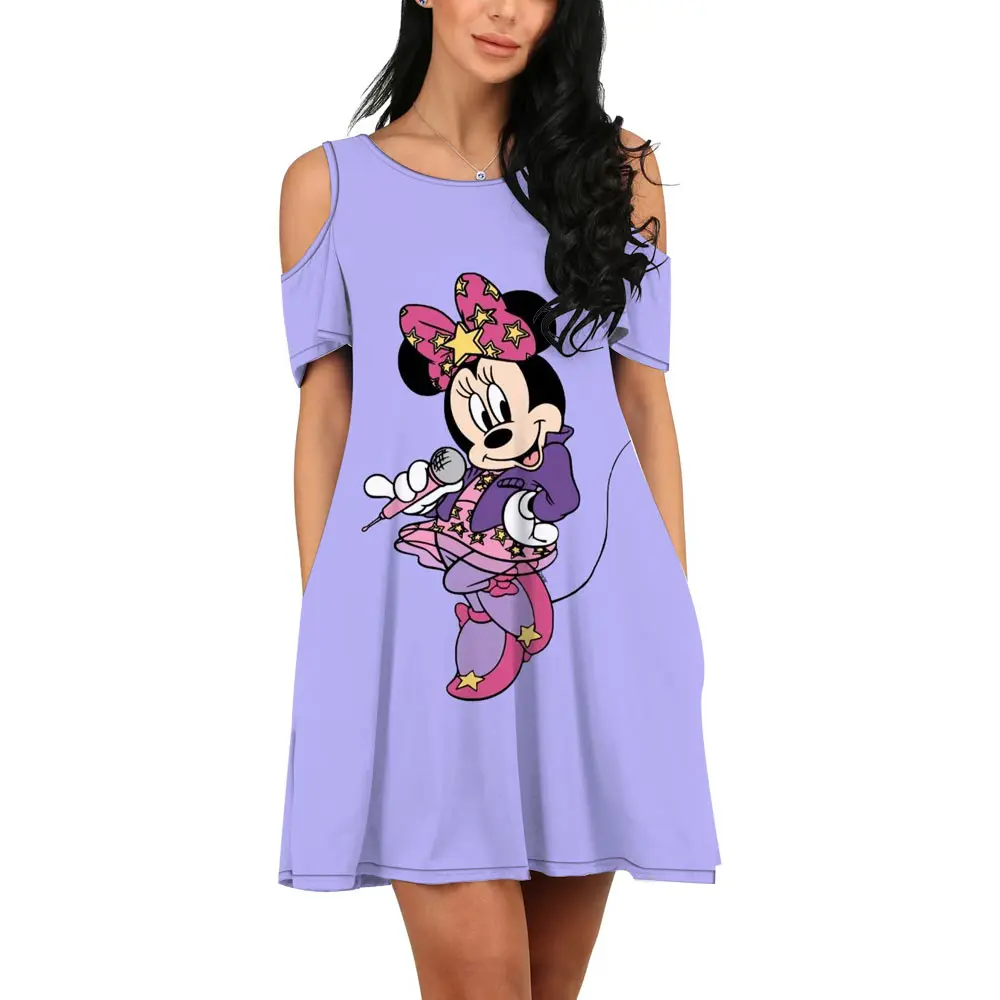 Cute Minnie Summer Harajuku Streetwear Disney New Ladies Casual O Neck 3D Print Sexy Off Shoulder Dress 2022