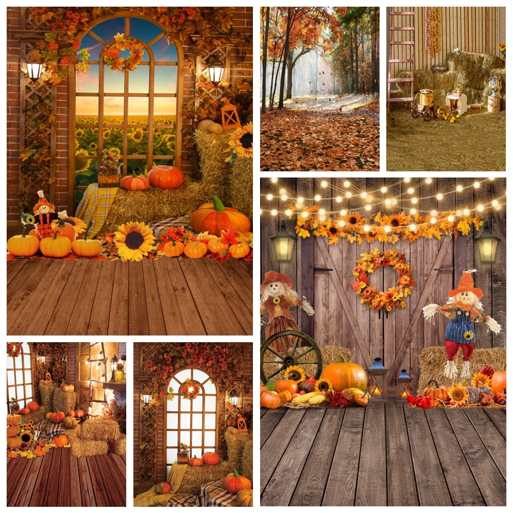 

Autumn Farm Barn Haystack Wooden Floor Backdrop for Photography Fall Thanksgiving Pumpkin Harvest Baby Portrait Photo Background