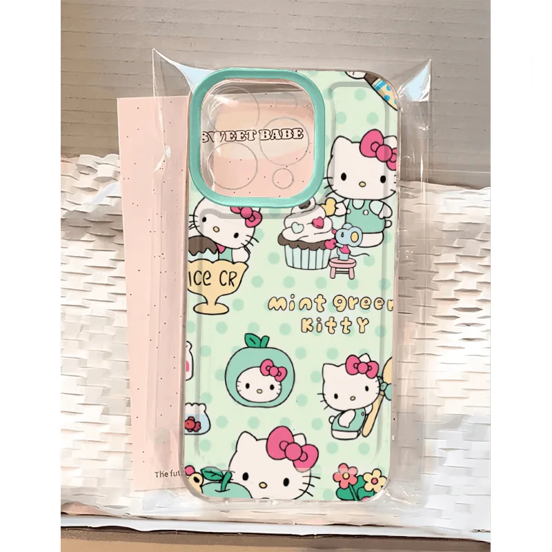 Green Wave Dot Cake HelloKitty Cute Phone Case For iPhone 16 15 14 13 12 11 ProMax XR 7 8 Plus Soft Anti Drop Silicone Cover Y2k