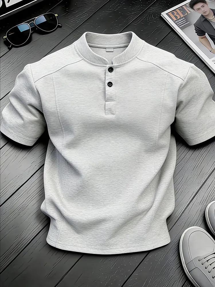 American Henry Collar Short Sleeve  Shirt Men's Heavyweight High-End Casual Fashion CleanFit Half Sleeve T-Shirt Breathable