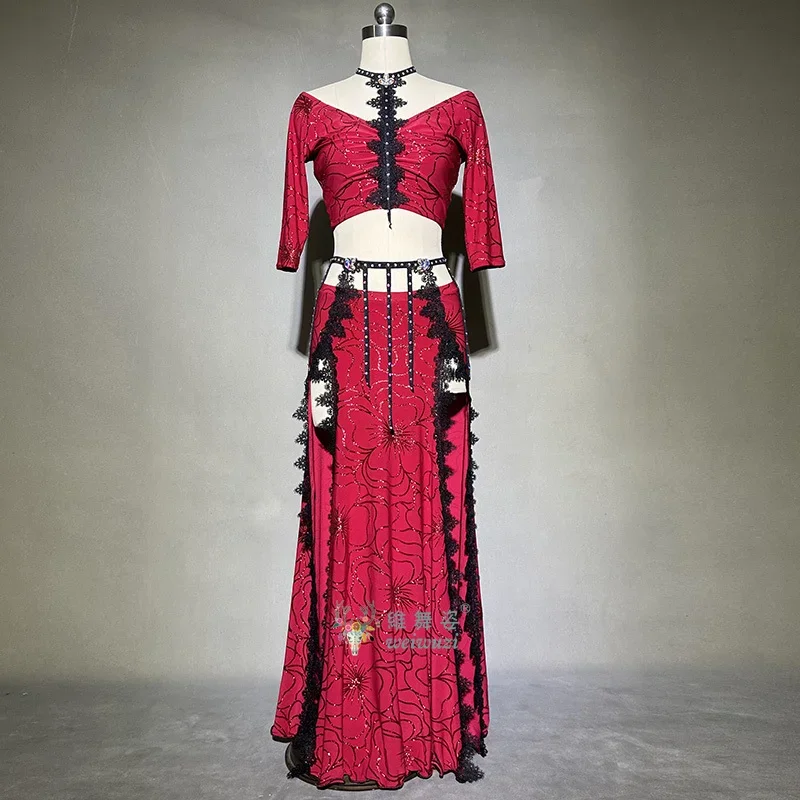 

BellyDance Set Customize AB Stones Tassels Top+rhinestone Split Long Skirt 2pcs Oriental Dance Professional Performance Clothing