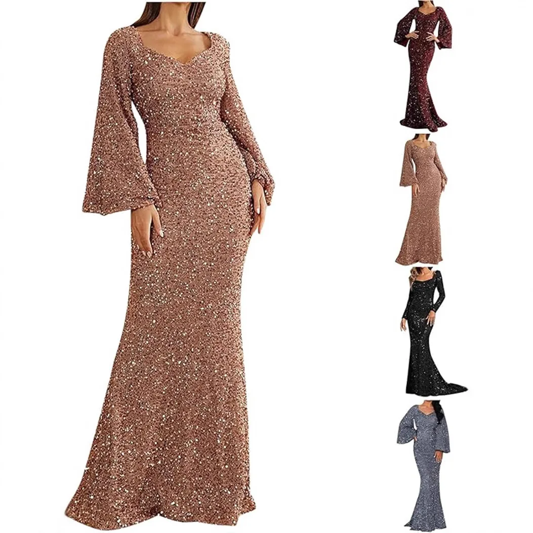 

V Neck Trumpet Sleeve Sequin Gown 2026 Formal Evening Dress for Women Sparkling Midi Bodycon Party Prom Dress