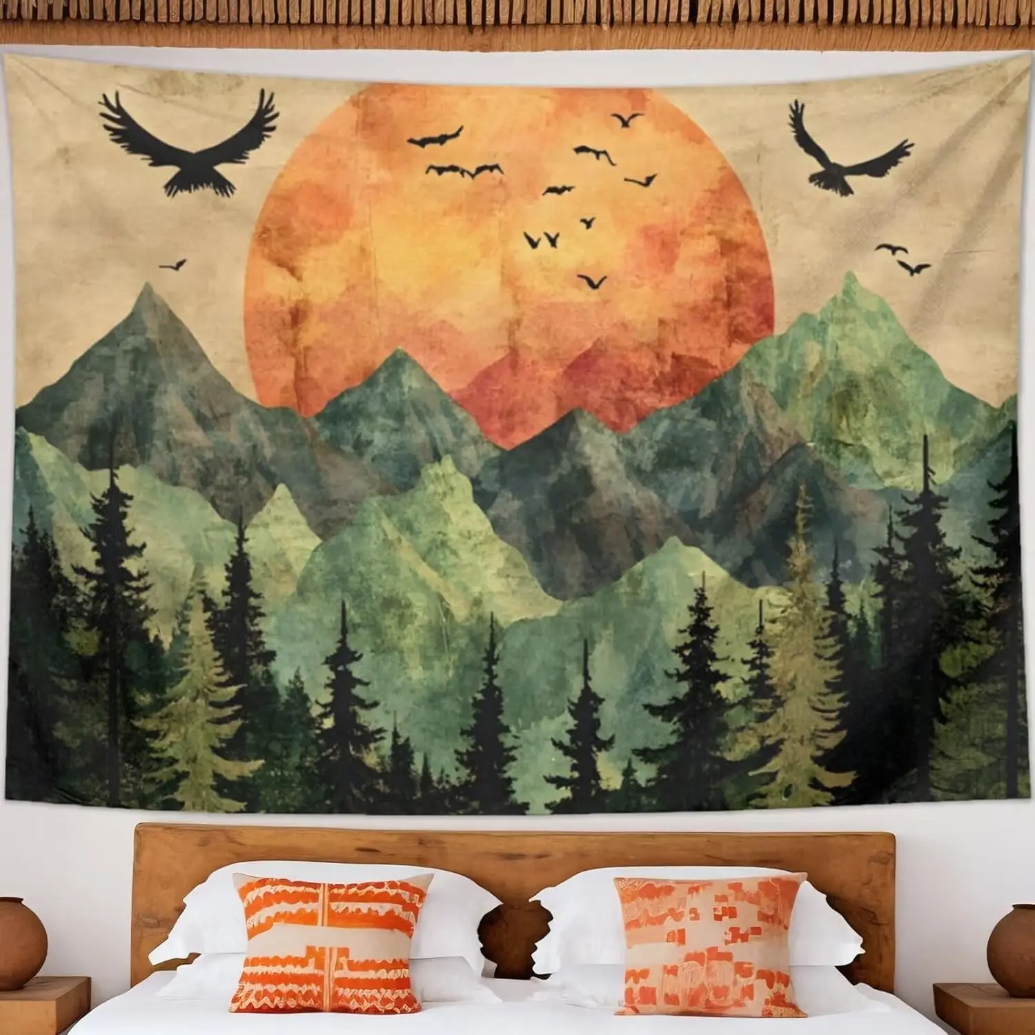 Mountains Sunset Tapestry Mountain Forest Watercolor Tapestry Landscape Misty Forest Tapestries Natural Tapestries for Living
