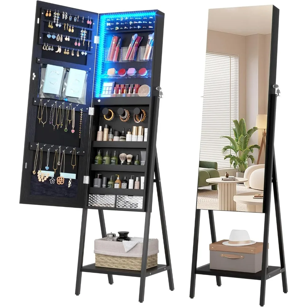 3 LEDs Mirror Jewelry Cabinet, 60.4 Jewelry Mirror Full Length, Standing Lockable Jewelry Armoire Organizer, Floor Mirror