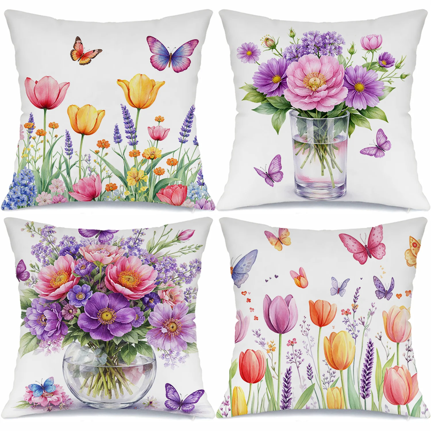 Vase of tulips and butterflies digital printing pillow cover Short plush Suitable living room bedrooms sofas throw cushion cover