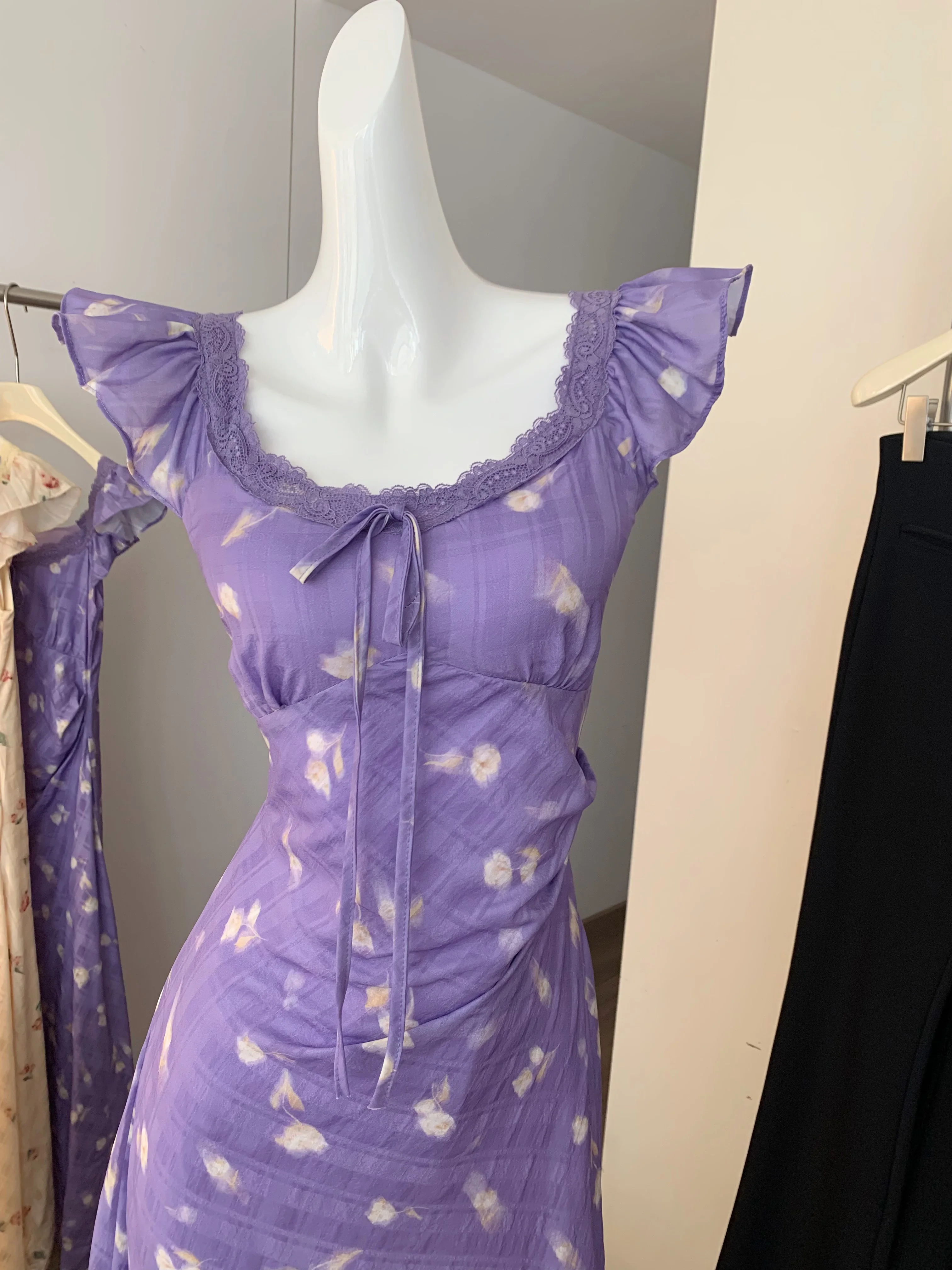 Women's Summer Lace U Neck Sleeveless Ruffles Shoulder Floral Long Sleeve Lady Elegant Slim Holiday Streetwear Dress