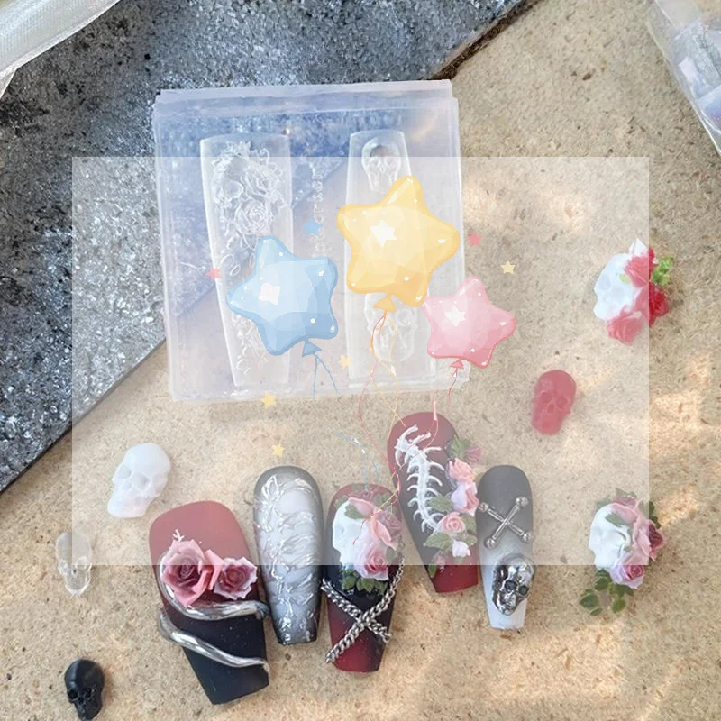 "Nail Art Floral Silicone Mold, 3D Rose Skull Transparent Template, DIY Manicure Design Tool for Decoration