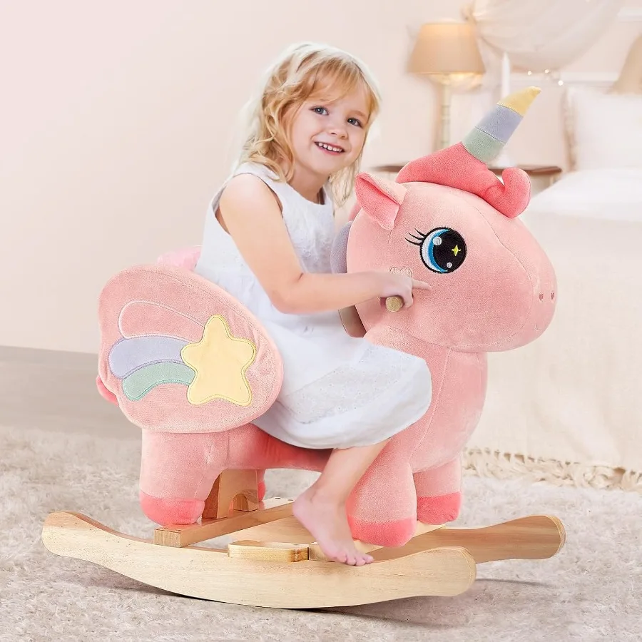 Cheval à bascule licorne pour bébé, cheval à bascule licorne féerique rose pour tout-petits de 6 mois à 3 ans, bascule en peluche, Ea