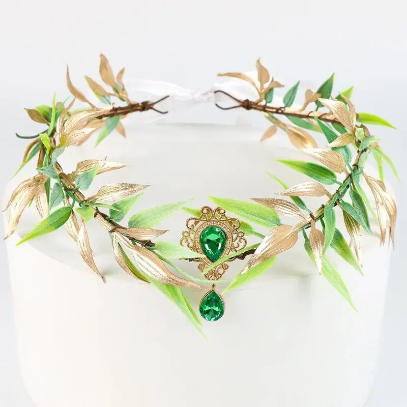 محاكاة أوراق شجرة الجنية حجر الراين عقال اليدوية قزم الأميرة خوذة الغابات الزفاف زهرة التاج للنساء الفتيات #3