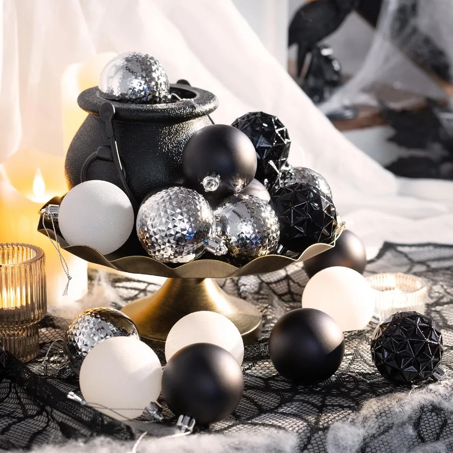 50 قطعة أبيض وأسود شاتيربروف عيد الميلاد الكرة الحلي مجموعة لخريف الهالوين وديكور عطلة 2.36 بوصة معلقة Orna