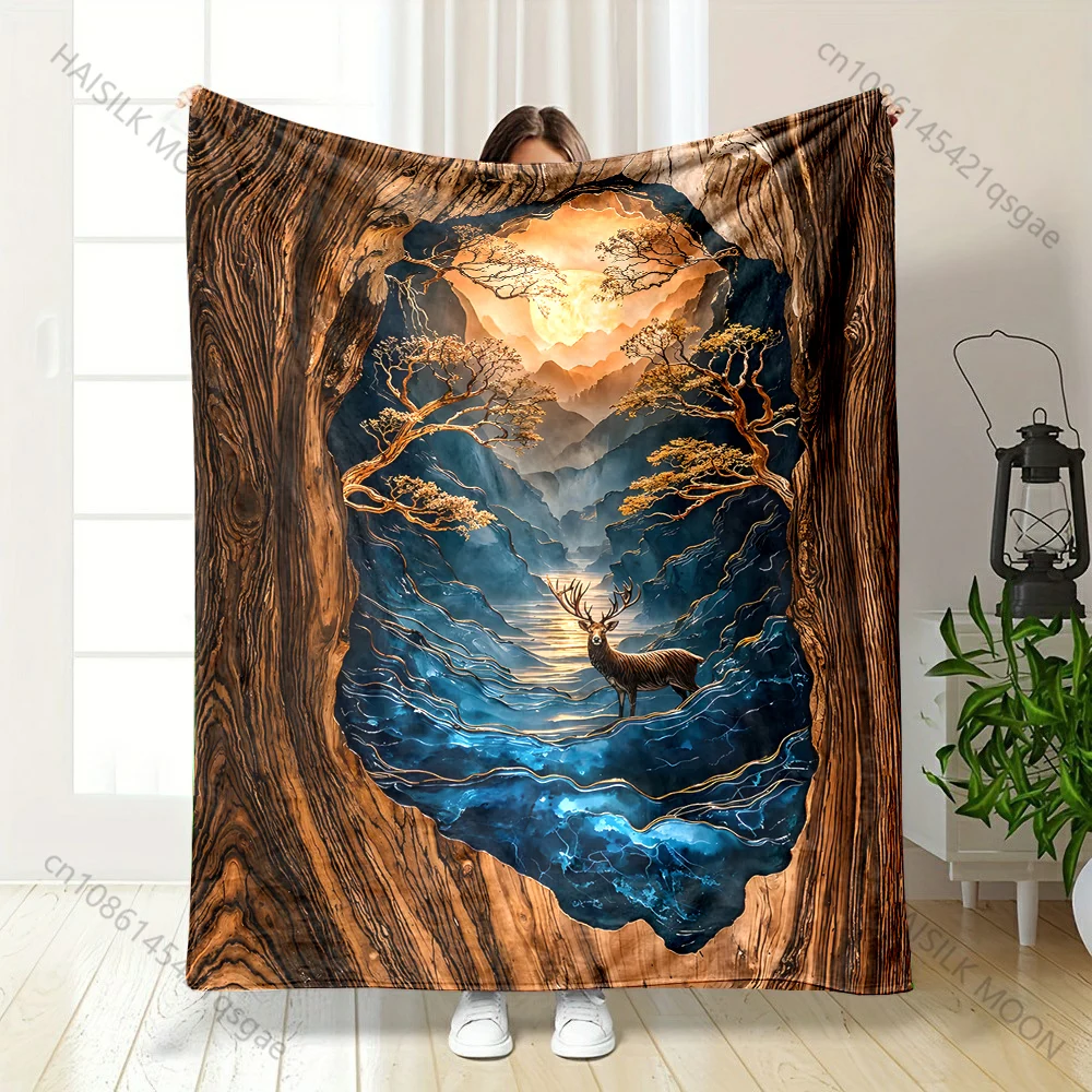 Deer blue river moonlight tree surreal Print Blanket Warm Soft Fluffy Kids and Adult Sofa Bed Throw Outdoor Travel Camping RV