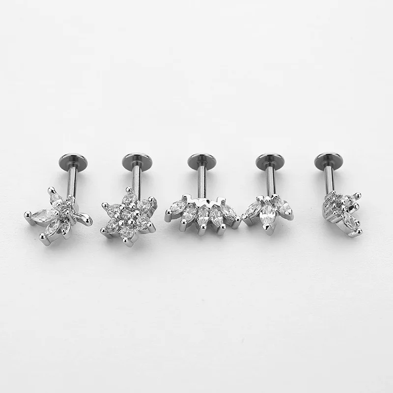 1Piece 16G Flat Vertical  Back Flower Earring Marquise CZ Tragus Cartilage Helix Piercing Jewelry