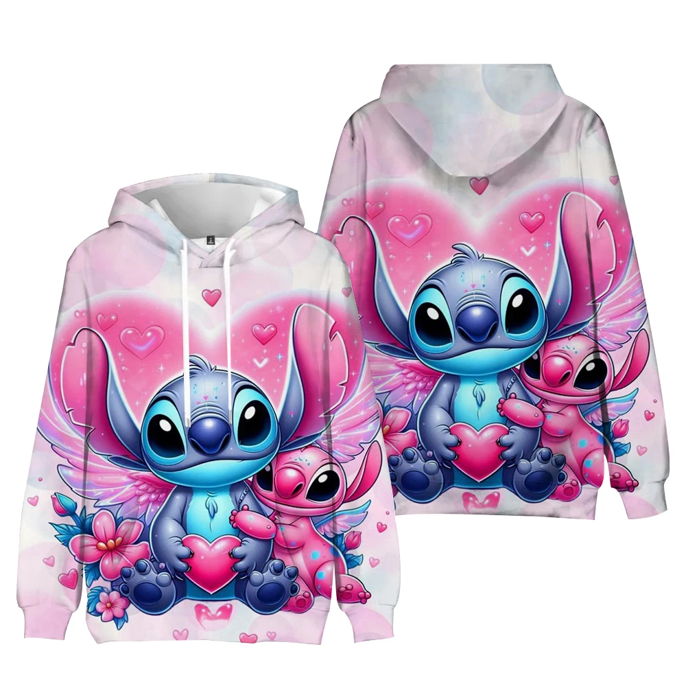 Disney Stitch Hoodies Women Harajuku Pullovers Cute Kawaii Casual Tops O-Neck Angel Print Hooded Sweatshirt Long Sleeves