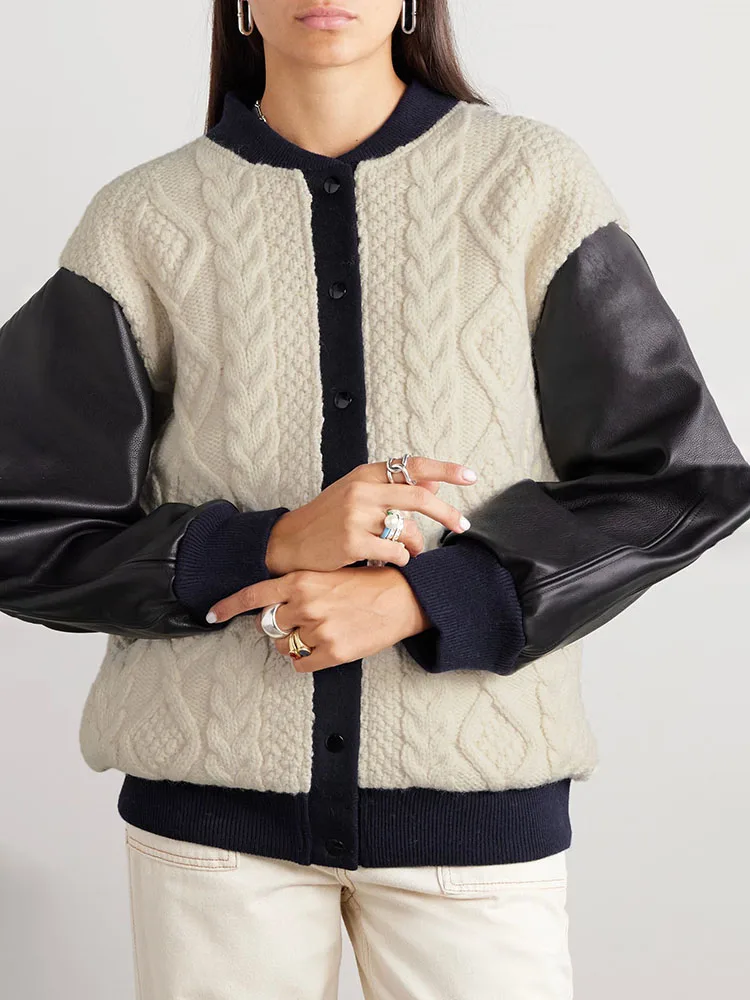 Veste en laine patchwork de cuir à manches longues pour femmes, manteaux décontractés amples, vêtements d'automne et d'hiver, Y2K, Promo 107, 2024