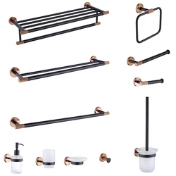 SANLUOIS Black Rose Gold Wall Mount Stainless Steel Robe Hook Toilet Brush Paper Holder Towel Bar Rack Cup Holder Bathroom Set