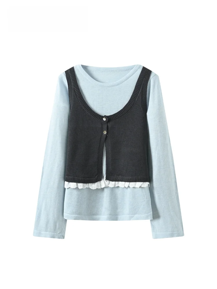 

CaraCLUB: Вязаный топ больших размеров с круглым вырезом и длинными рукавами, имитация двухслойности, повседневный, универсальный, для женщин больших размеров, весенний сезон