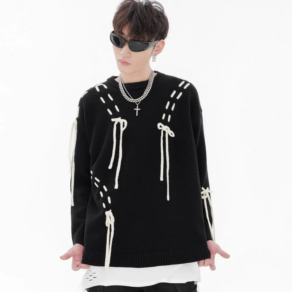 Bow Tassels Bright Seawing Loose Sweaters Gothic Y2k Ugly Men's Hiphop Winter Clothing Pullover Punk Knitwear for Men Women