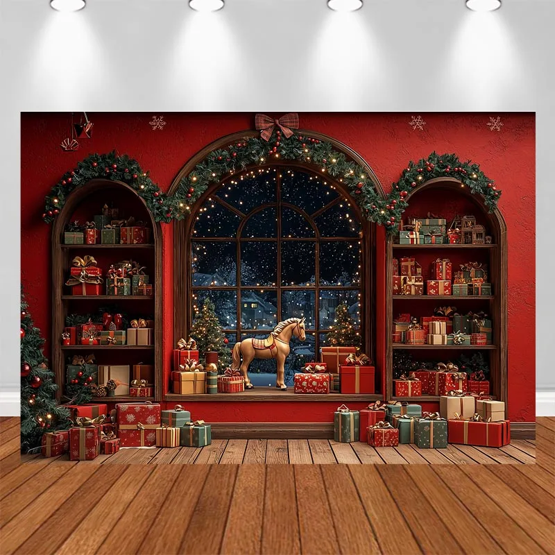 LS Merry Christmas Photography Backdrop Santa Sleigh Moon Window Curtains Xmas Tree Wreath Gifts Photo For Kids Children Adults
