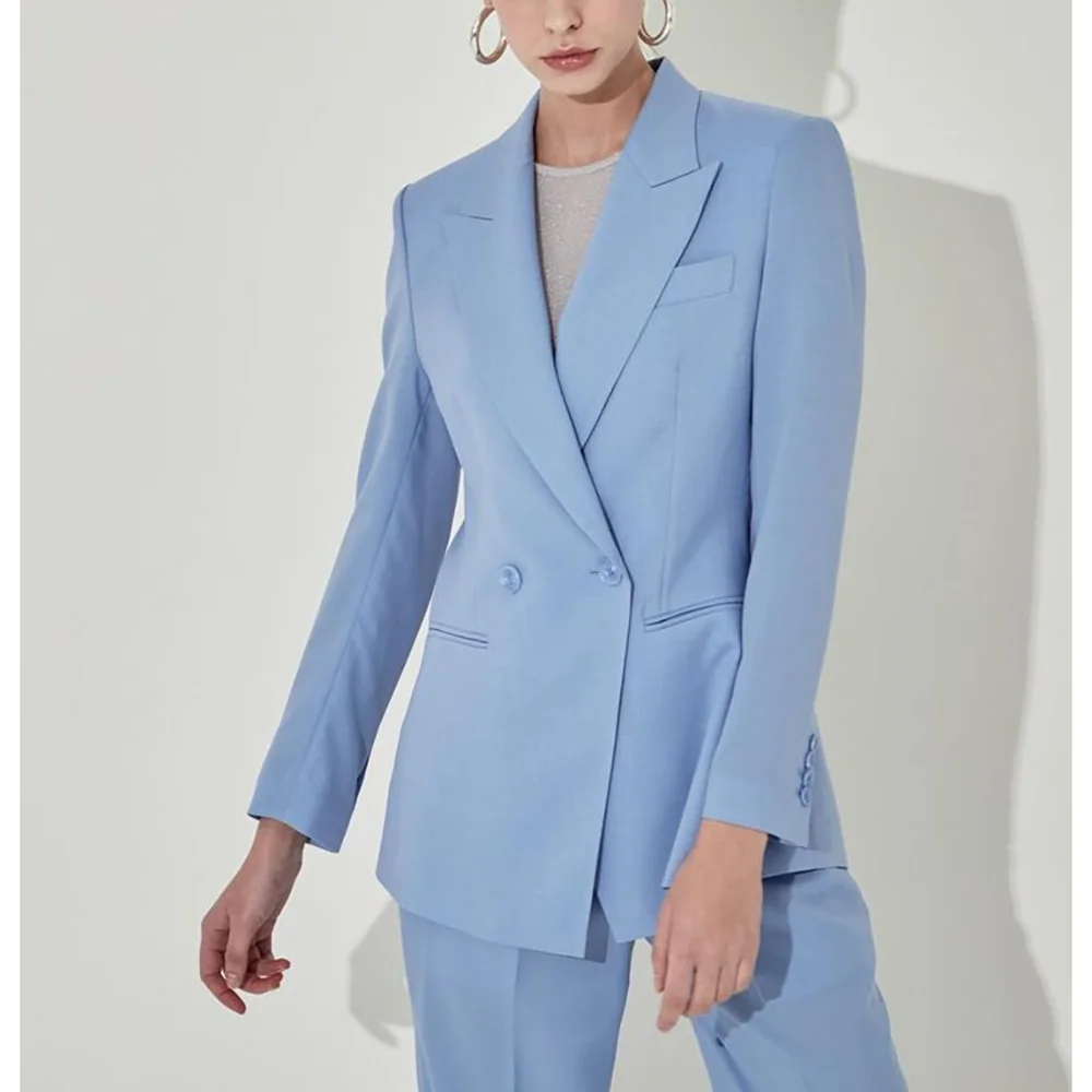 

Sky Blue Double Breasted Notched Women Set Female Two Pieces (Blazer+Trousers) Formal Evening Party Suit Daily Office Lady Set