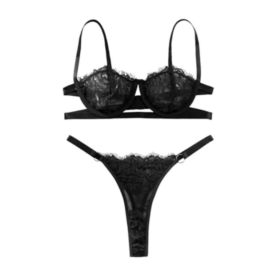 

Lilosy Sexy Eyelash Underwire Floral Lace Sheer O Ring Linked Cutout Lingerie Set 2 Pcs