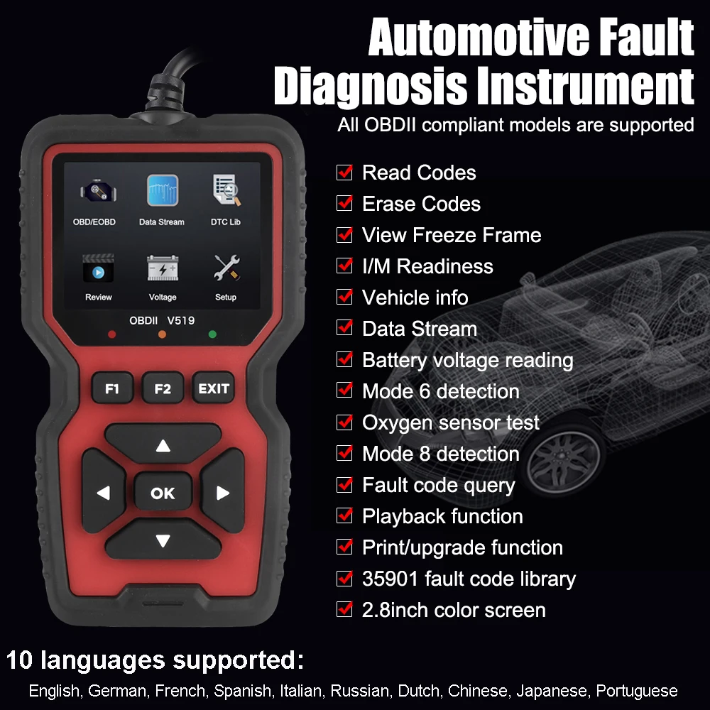 Upgradable Car OBD2 Diagnosis Tools V519 ELM327 Scanner Automotive Engine Fault Code Reader Instrument Battery Volt Data Tester