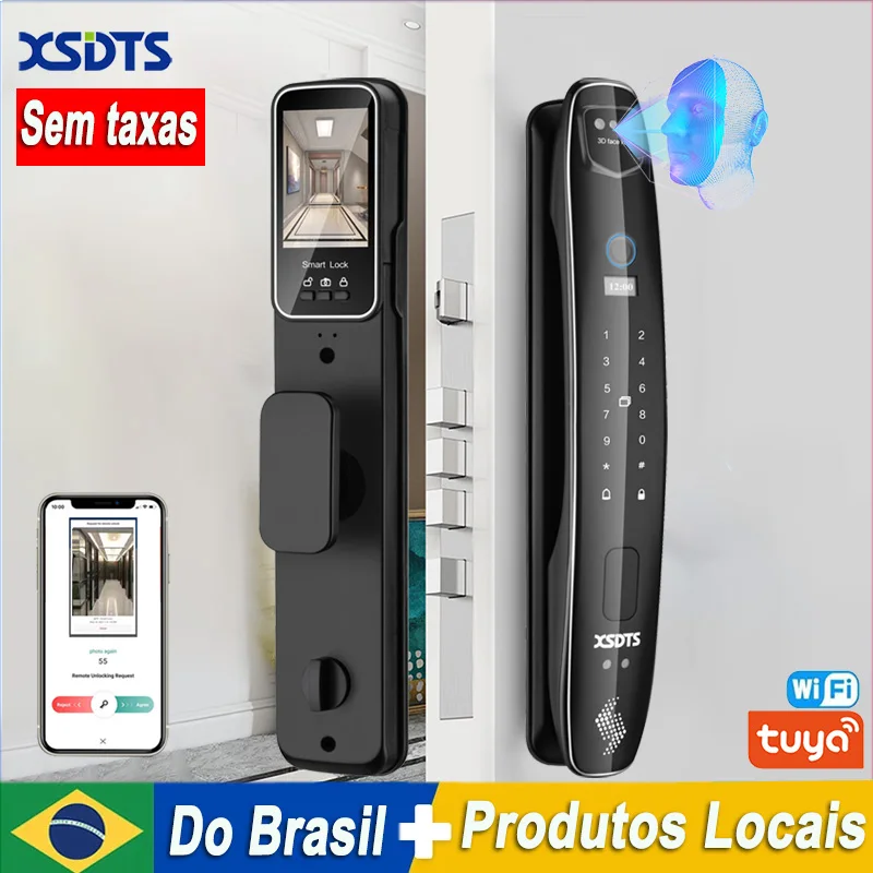 3D Face Smart Door Lock, Monitor De Câmera De Segurança,Tuya Senha De Impressão Digital Inteligente, Biométrico Chave Eletrônica De Desbloqueio