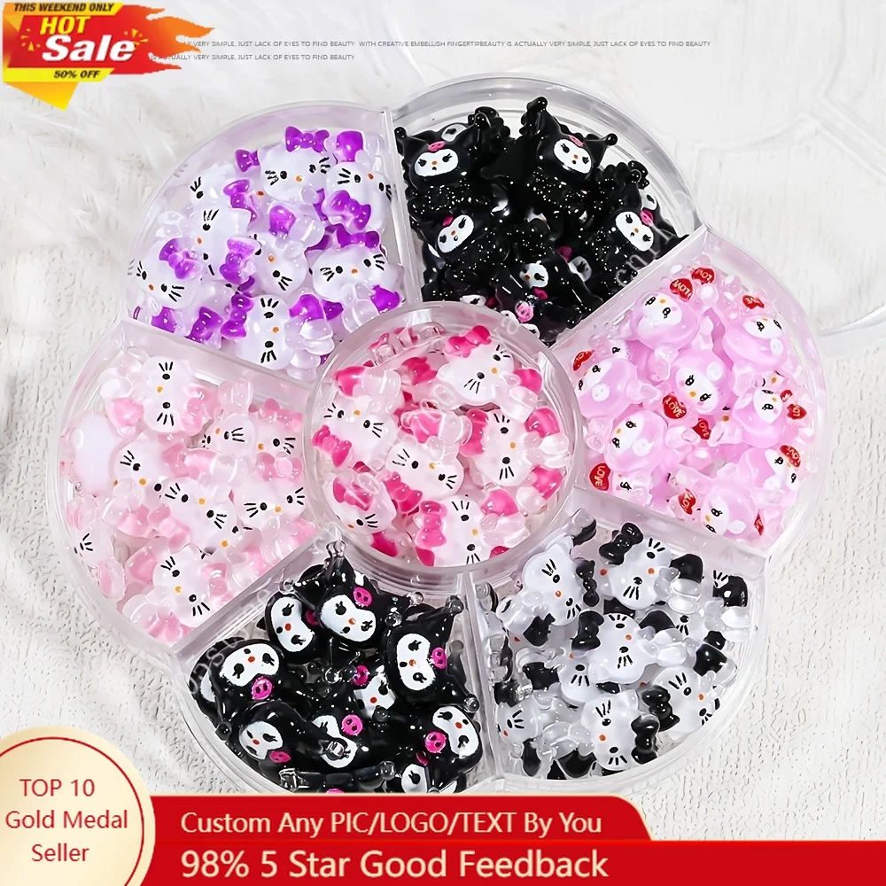 

70pcs Kuromi Nail Charms Flat Back Rhinestone Nail Art Decorations with Pink Bows Sanrio Kawaii Hello Kitty Manicure for Woman