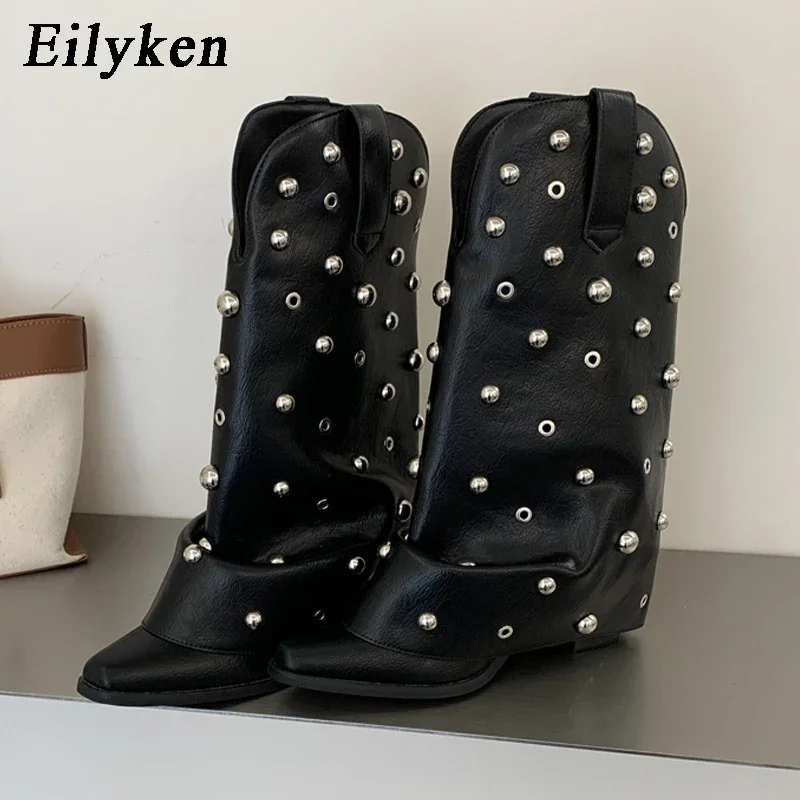 Eilyken 2027 New Winter Vintage Retro Rivet Pleated Women Mid Calf High Boots Pointed Toe Square Heels Designer Botas De Mujer