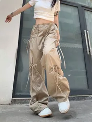 Women Y2K Streetwear Bow Tie Cargo Pants Female Casual Solid Baggy Kpop Wide Leg Drawstring Oversize Joggers Trousers