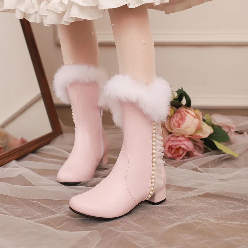 Large Size Sweet Cute Fur Studded String Bead Mid-calf Boots Ladies Block Low Heel School Party Princess Shoes Pink Winter 2024