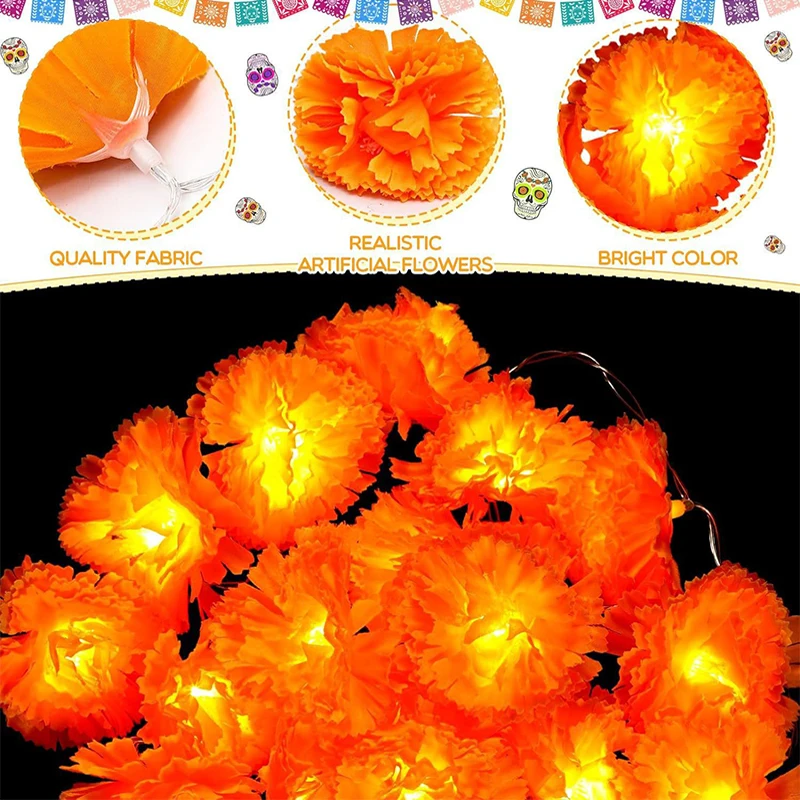 Led  Marigold Artificial Flowers Lights Day Of The Dead Diy Home Outdoor Decor Halloween Diwali Party 1.5m Garland String Lights