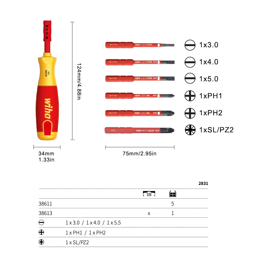 WIHA 6 in 1 Insulated Slim Line Precision Pop Up Screwdriver Set 1000V Electrician Screwdriver with SlimBits Magazine NO.38611