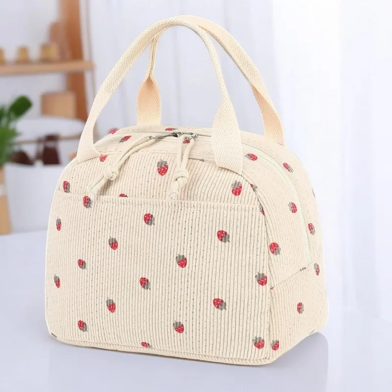 Niedliche Cord-Lunchtasche für Frauen, Isolierte Wiederverwendbare Lunch-Tasche mit Erdbeer-Print, Tragbare Thermische Mahlzeiten-Vorbereitungstasche für Picknicks – Detail 9